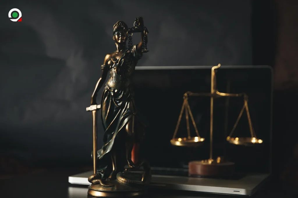 lawyer office statue justice with scales lawyer working laptop legal law advice justice concept copy
