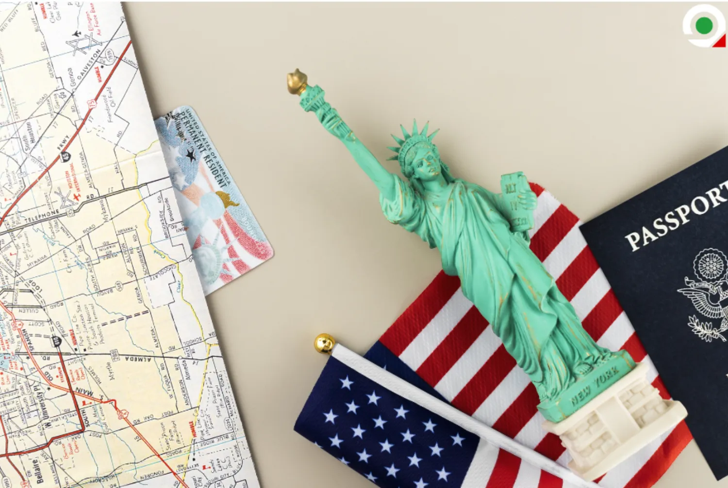 Statue of Liberty figurine, U.S. passport, map, and American flag symbolizing immigration to the USA. (How Many Iranian Immigrants Live in USA)