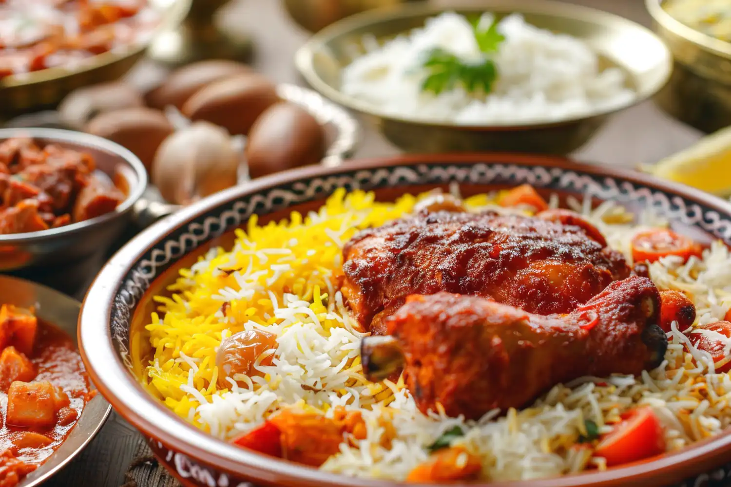 Delicious saffron rice and chicken dish served at Iranian restaurants in Charlotte.
