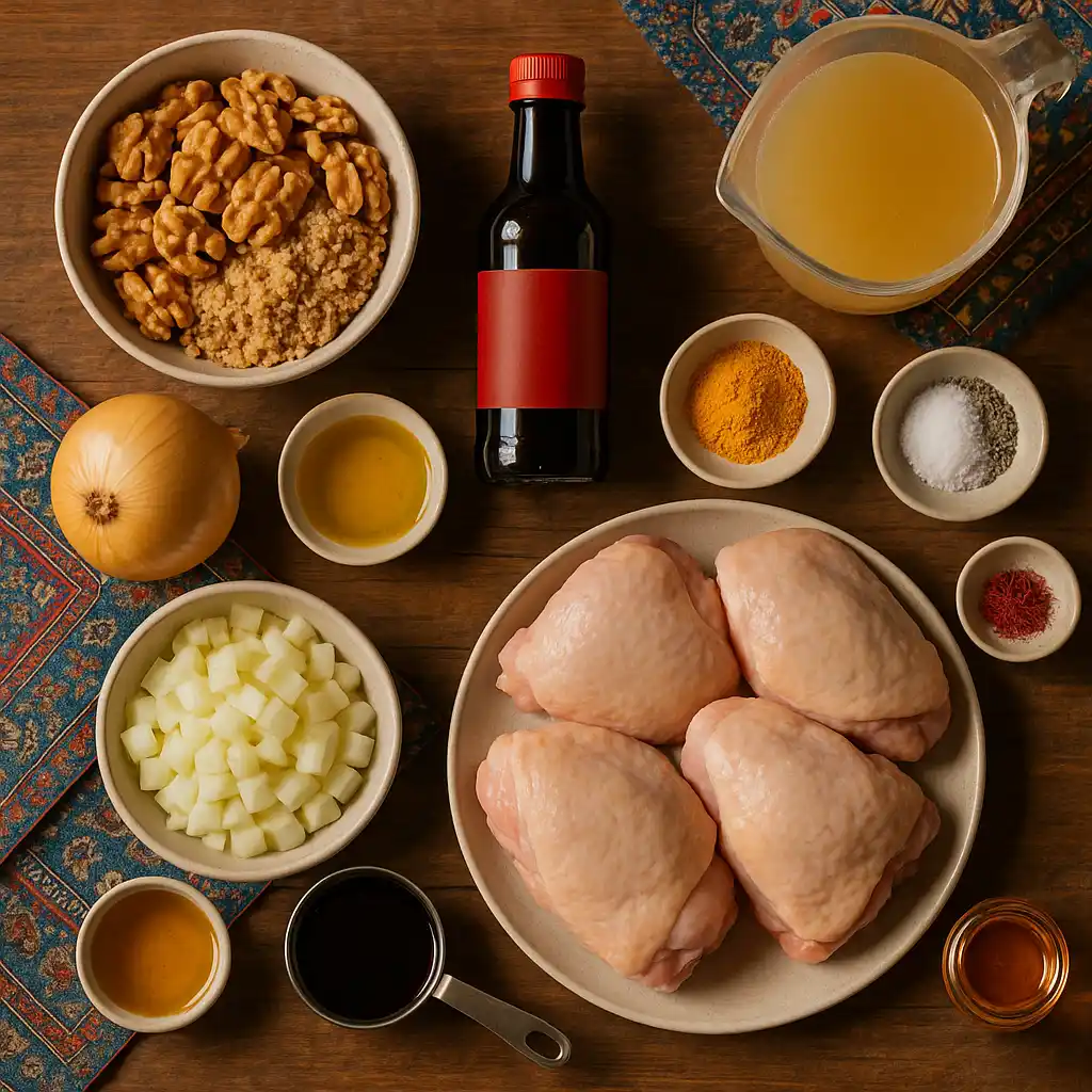Ingredients for khoresh fesenjan, including walnuts, onion, chicken thighs, pomegranate molasses, chicken broth, spices, oil, and honey, arranged on a wooden table.