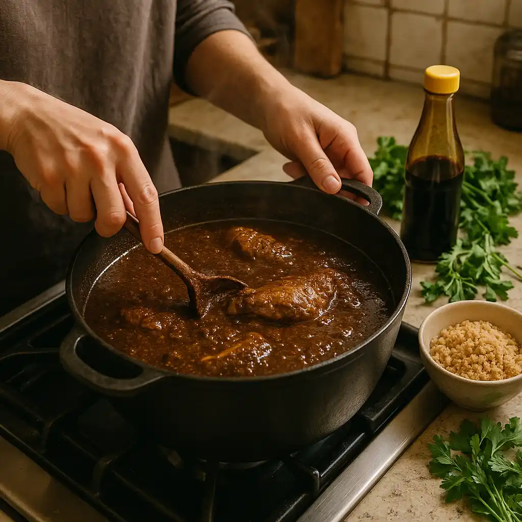 A pot of simmering khoresh fesenjan with chicken, being stirred with a wooden spoon.