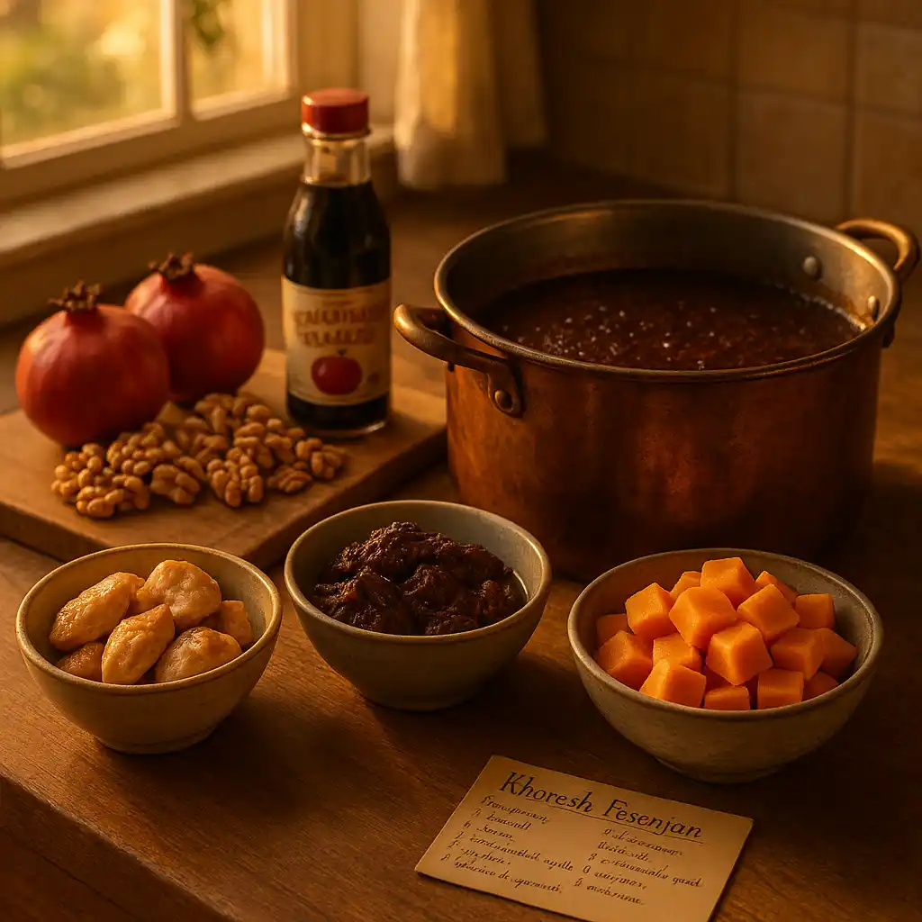 A table with ingredients for khoresh fesenjan, including pomegranates, walnuts, pomegranate molasses, and a pot of simmering stew.