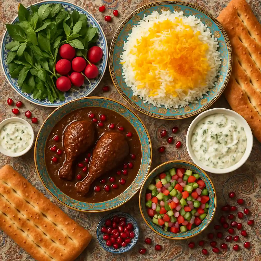 A traditional Persian meal featuring khoresh fesenjan, saffron rice, fresh herbs, yogurt dip, Shirazi salad, and barbari bread.