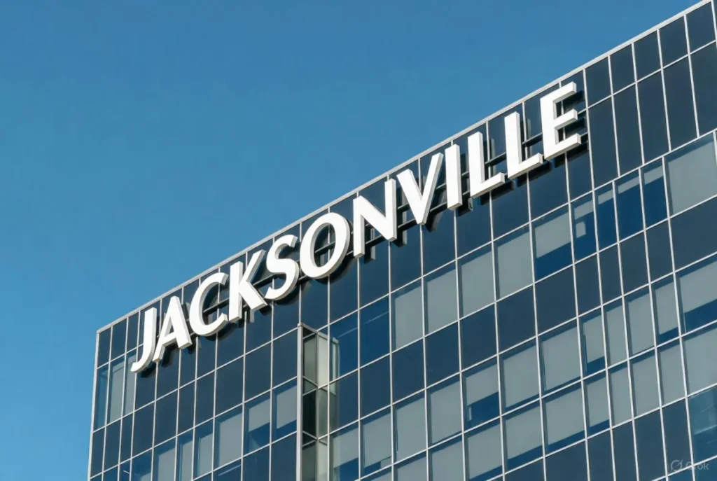 Jacksonville city building with the word 'JACKSONVILLE' displayed in bold white letters against a blue sky.