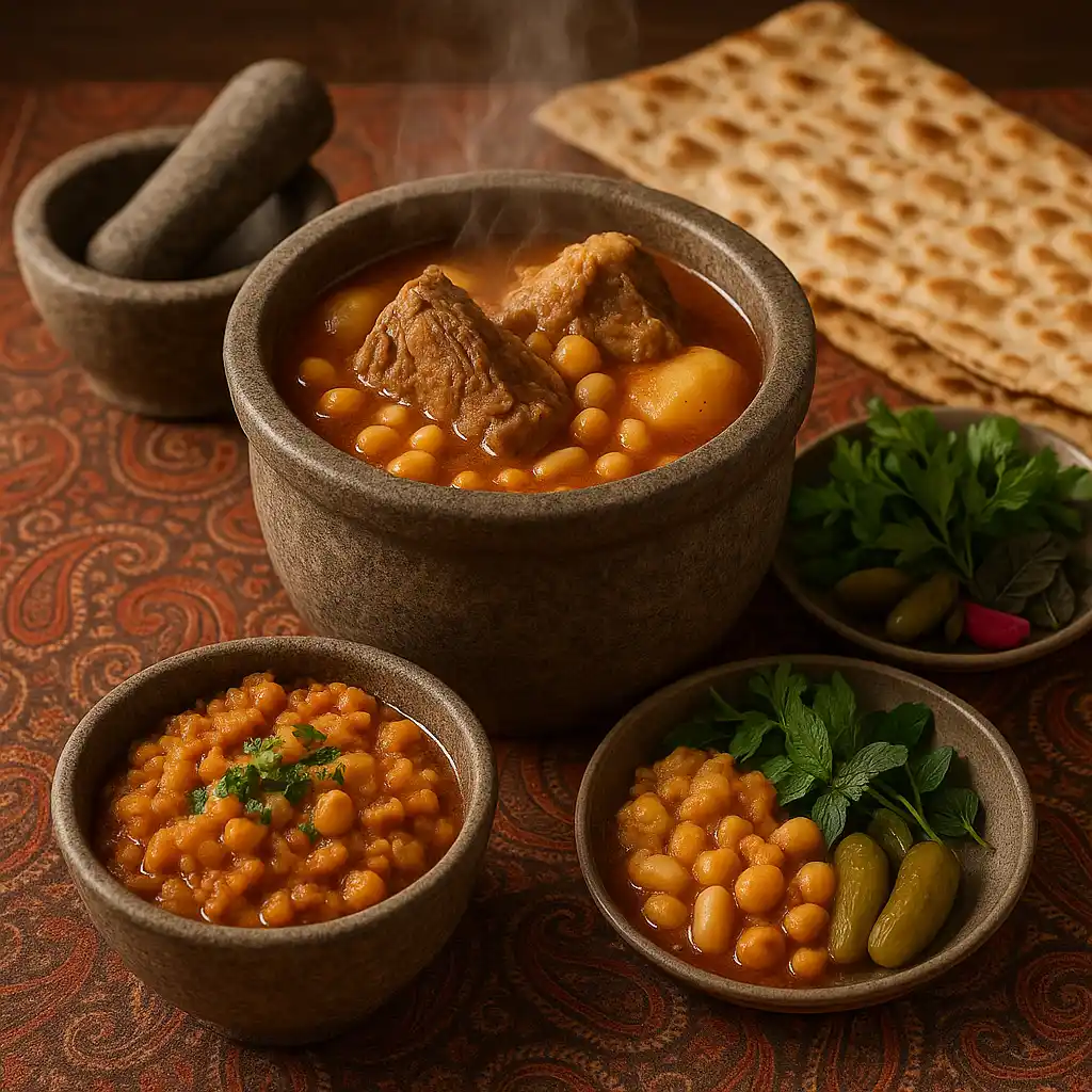 Traditional Persian Abgoosht served in clay pots with flatbread, fresh herbs, pickles, and mashed legumes.