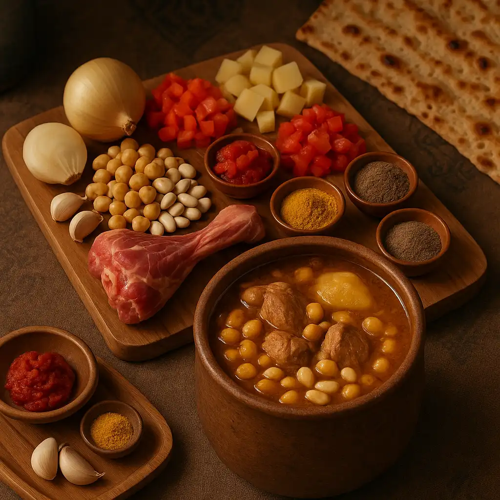  Ingredients for Persian Abgoosht, including lamb, chickpeas, white beans, potatoes, tomatoes, spices, and flatbread, alongside a bowl of prepared Abgoosht.
