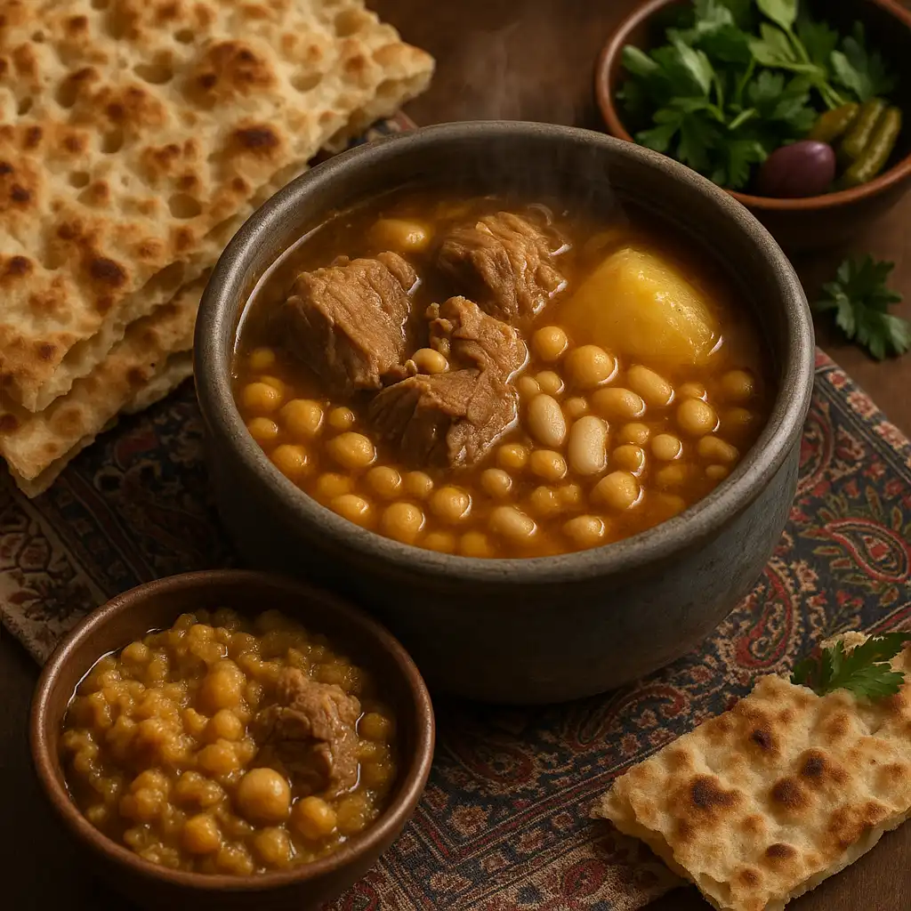 A bowl of traditional Persian Abgoosht stew served with flatbread, fresh herbs, and pickles.