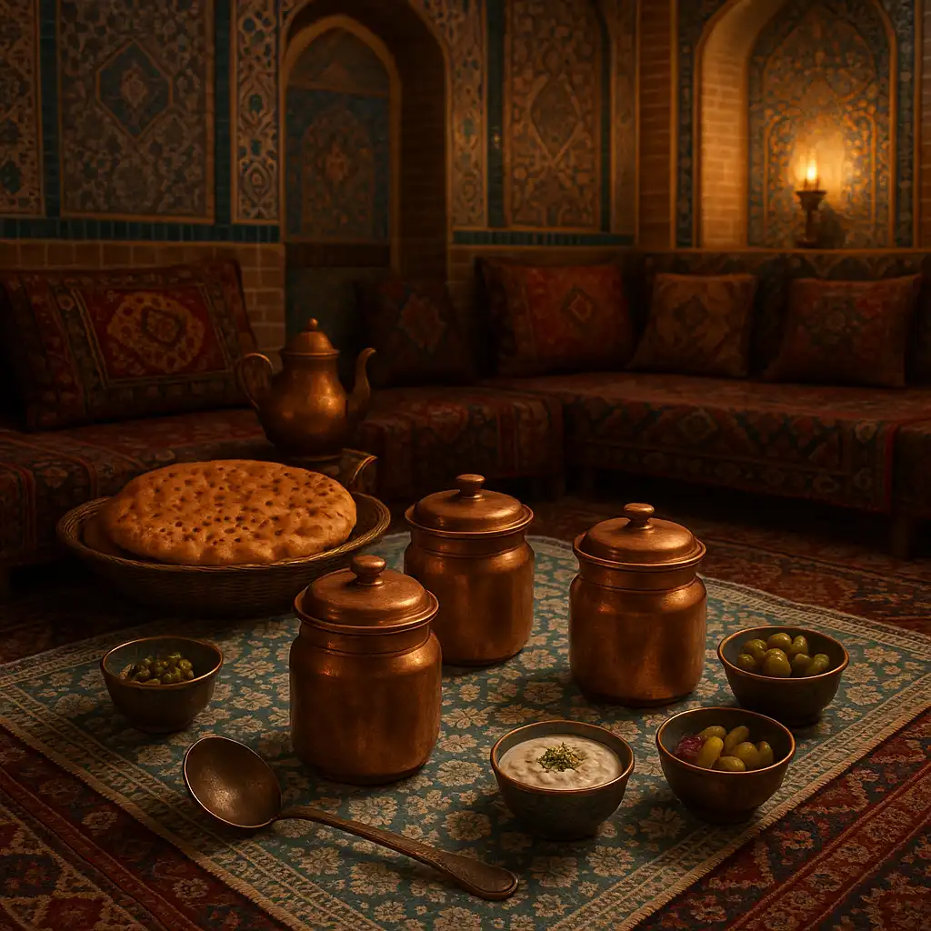 Traditional Persian Abgoosht served in copper pots with flatbread, yogurt, olives, and pickles in a cozy Iranian setting.
