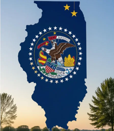 Outline of Illinois featuring the state seal, surrounded by trees during sunset.