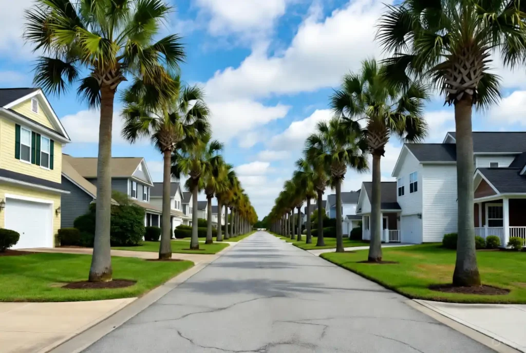 Palm tree-lined suburban street in Jacksonville, Florida, with modern homes under a bright blue sky.