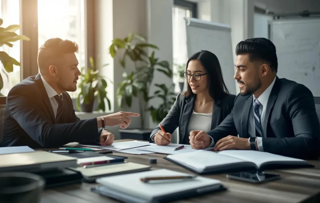 Three business professionals collaborating at a table in a modern office.