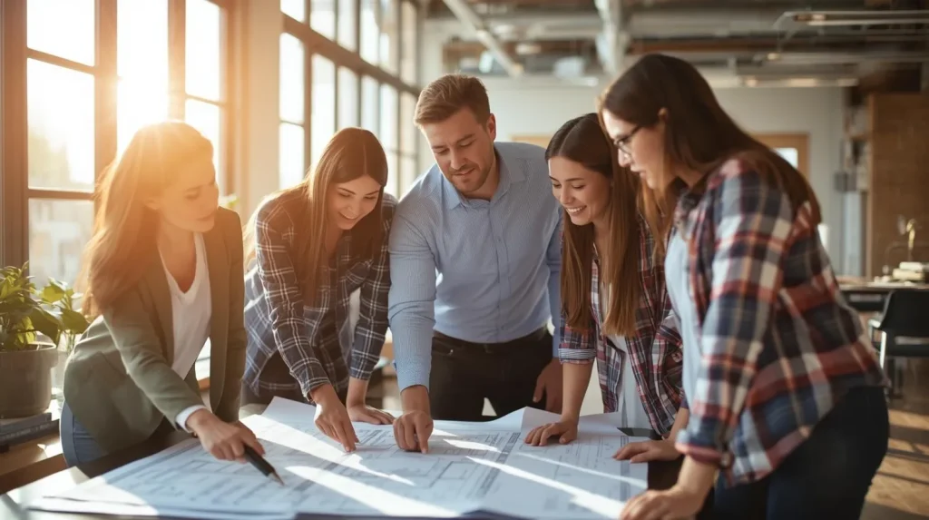Group of professionals collaborating on a project in a bright, modern workspace.
