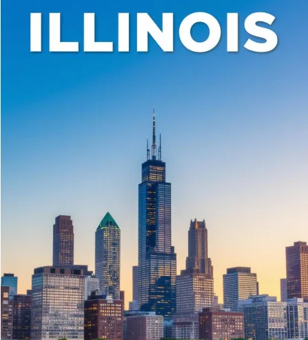 Skyline of Chicago, Illinois, at sunset with clear blue skies.