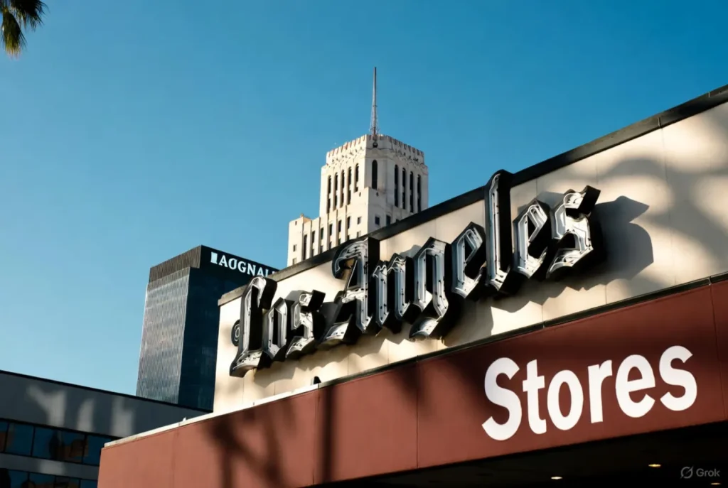 Los Angeles Stores sign with a tall building in the background under a clear blue sky.