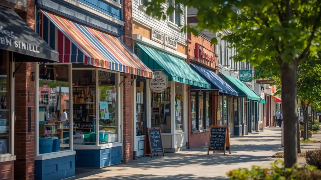 Colorful storefronts and awnings line a sunny Bellevue street, with trees and sidewalk chalkboards creating a welcoming atmosphere.