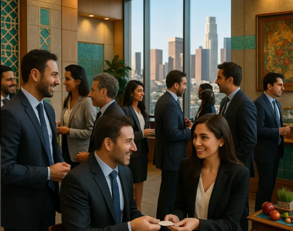 Iranian professionals networking in a business setting with Los Angeles skyline in the background.