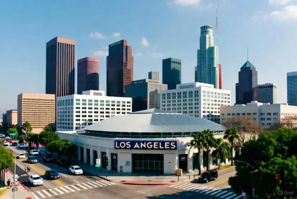 Downtown Los Angeles skyline with modern high-rise buildings and traffic in the foreground.