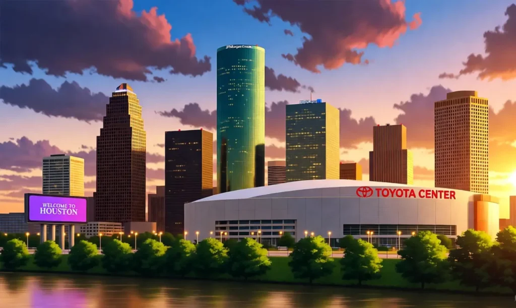 Houston skyline at sunset with the Toyota Center and skyscrapers in the background.