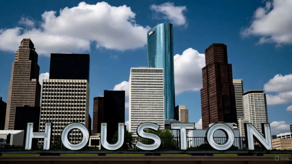 Houston skyline with modern skyscrapers and a large "HOUSTON" sign in the foreground under a bright blue sky with clouds.