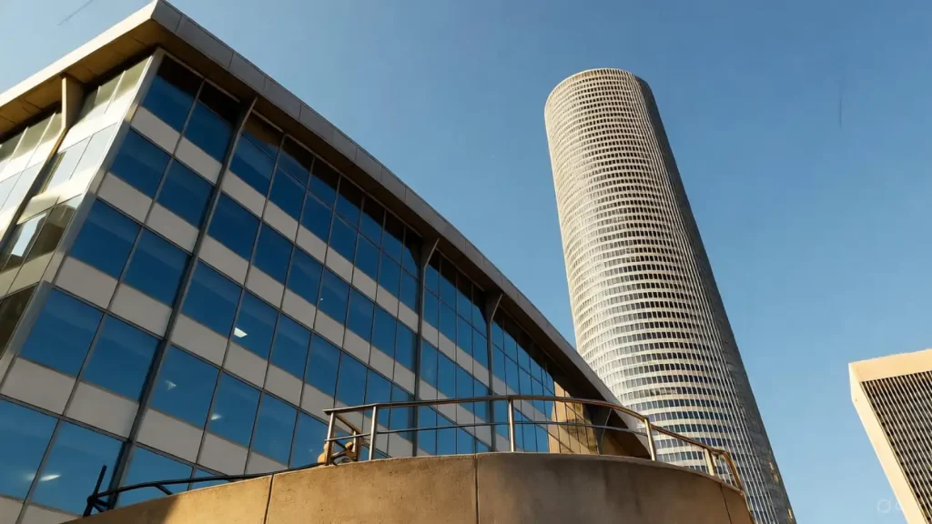 Modern glass building and a cylindrical skyscraper in Houston under a clear blue sky.