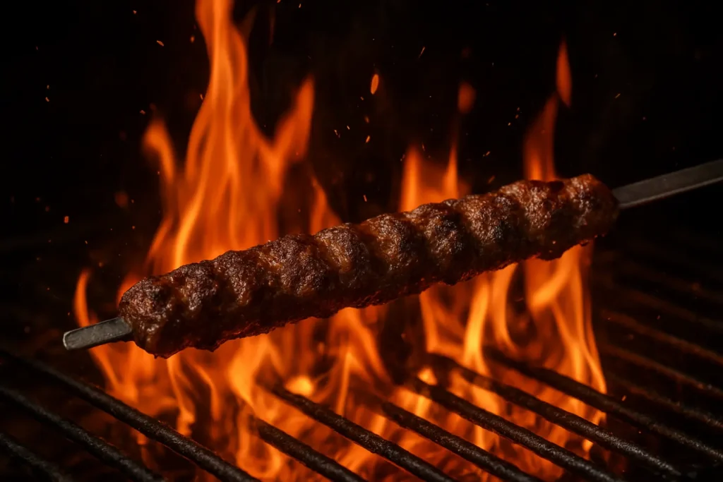 Persian Kabab Koobideh grilling over an open flame.
