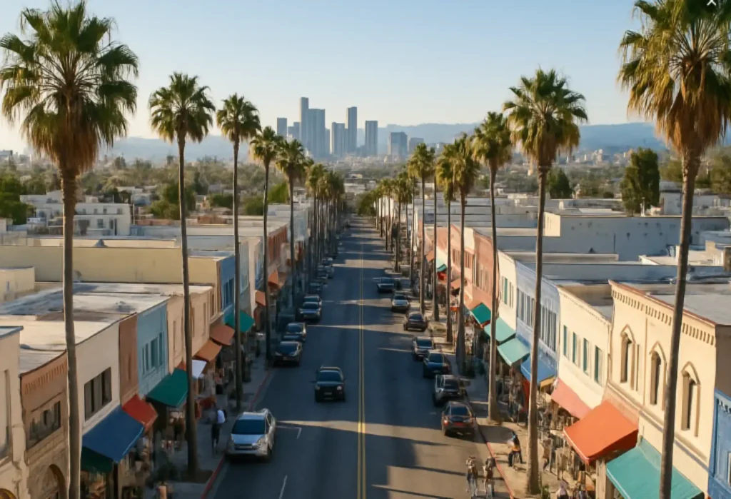 A palm-lined street in Los Angeles with colorful storefronts and the downtown skyline in the background.