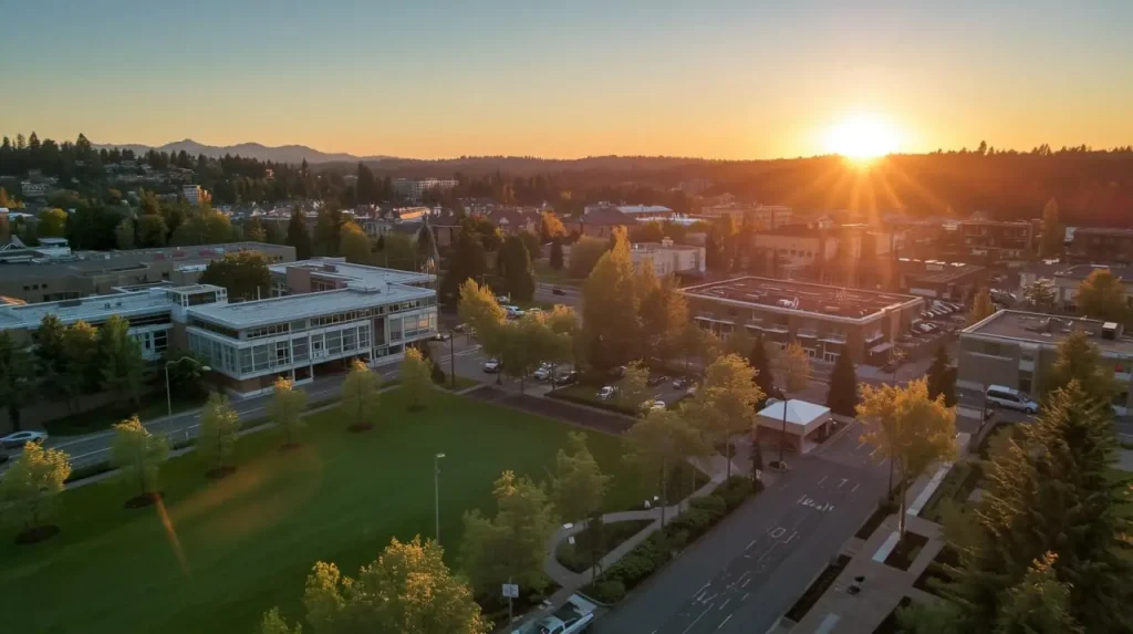 Aerial view of Bellevue, Washington at sunrise, featuring modern buildings, tree-lined streets, and a green park.