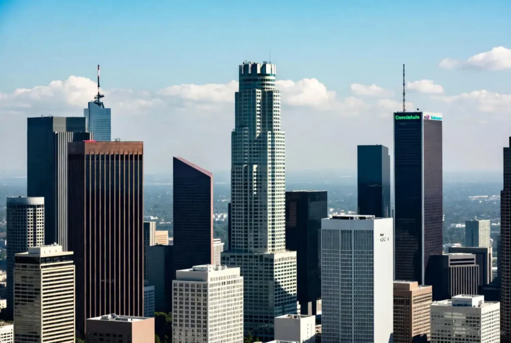 Los Angeles downtown skyline with high-rise buildings under a clear blue sky.