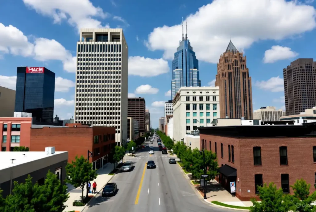 A city street in downtown Memphis lined with trees, cars, and tall modern and historic buildings under a blue sky with clouds.
