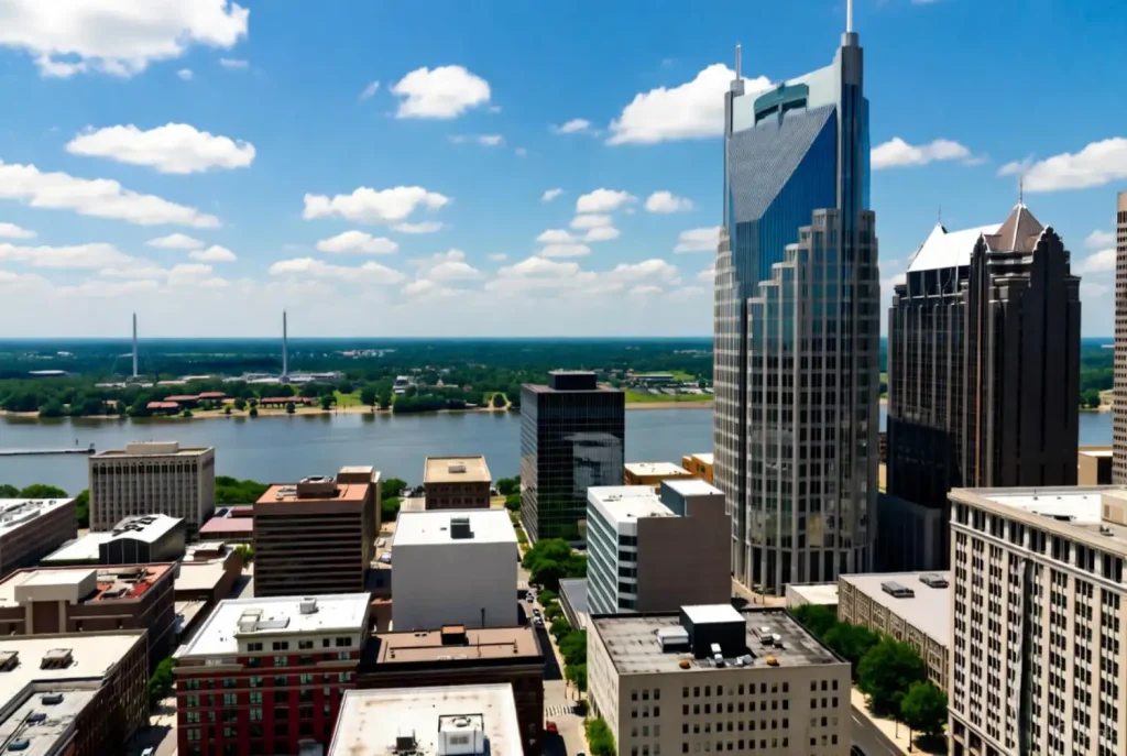 A skyline view of downtown Memphis with modern skyscrapers and the river in the background on a sunny day.