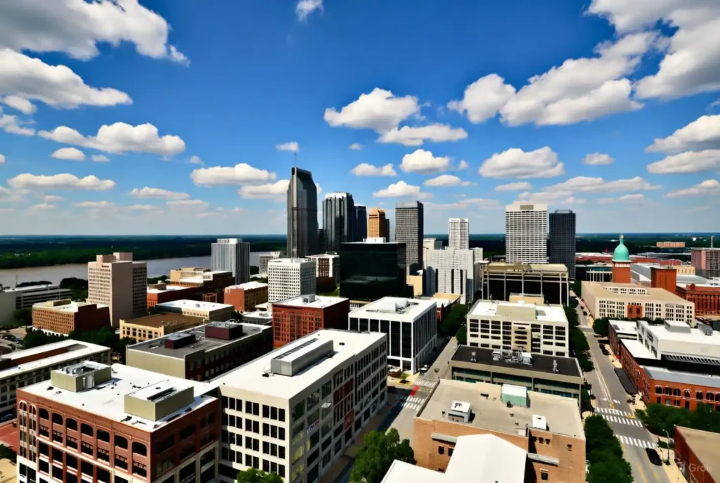 A clear, sunny view of downtown Memphis with modern office buildings and the Mississippi River in the background.
