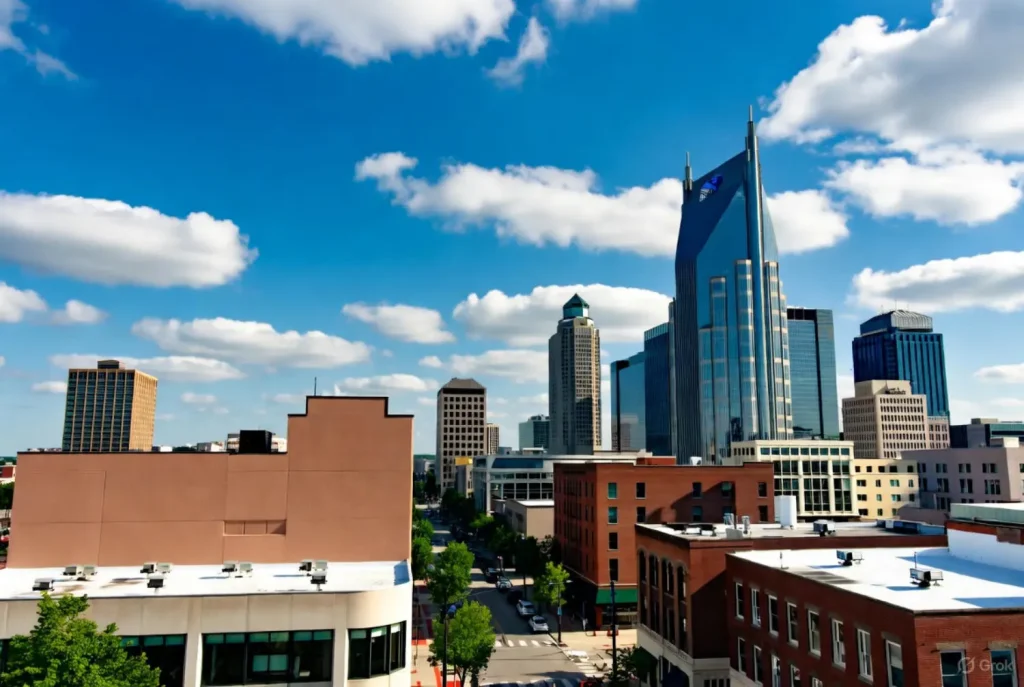 Modern cityscape of Memphis with tall buildings under a bright blue sky.