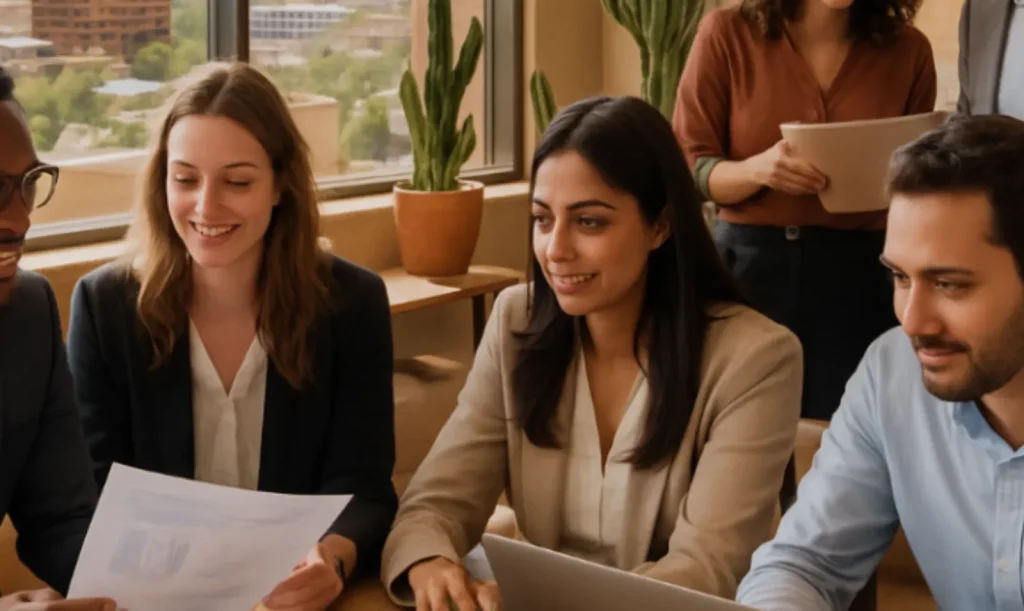 Group of professionals collaborating in a bright office with cacti and city views in the background.