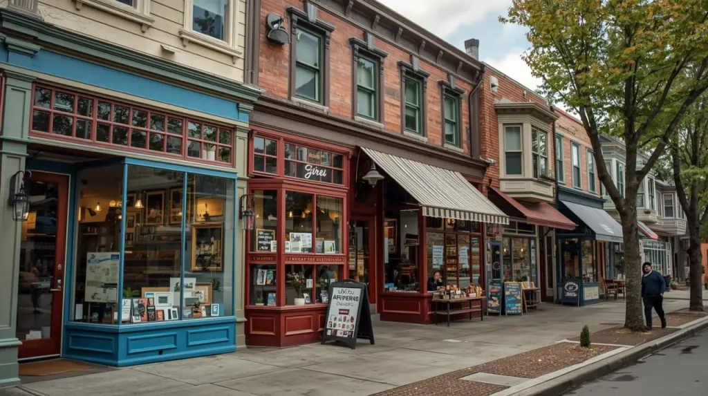 Charming street in Bellevue with colorful storefronts, trees, and people walking on the sidewalk.