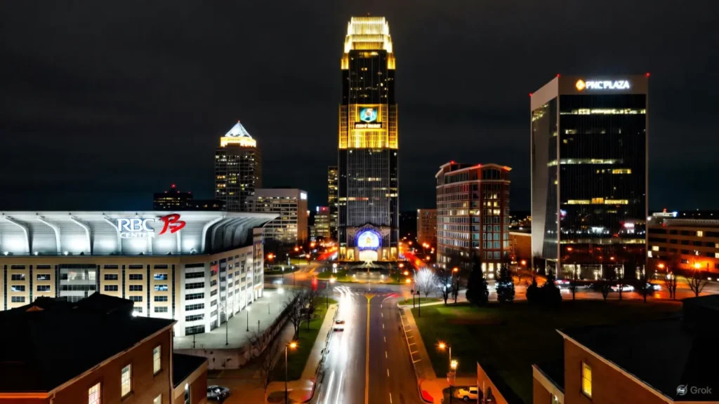 Nighttime skyline of Raleigh, North Carolina, with illuminated buildings and city lights.