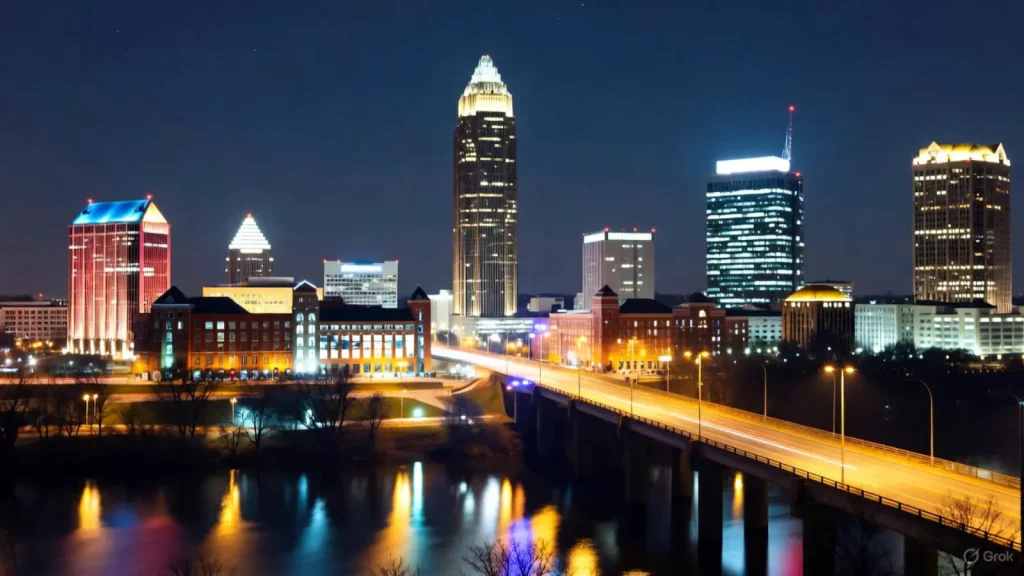 Nighttime cityscape of illuminated buildings and a bridge reflected in the water.