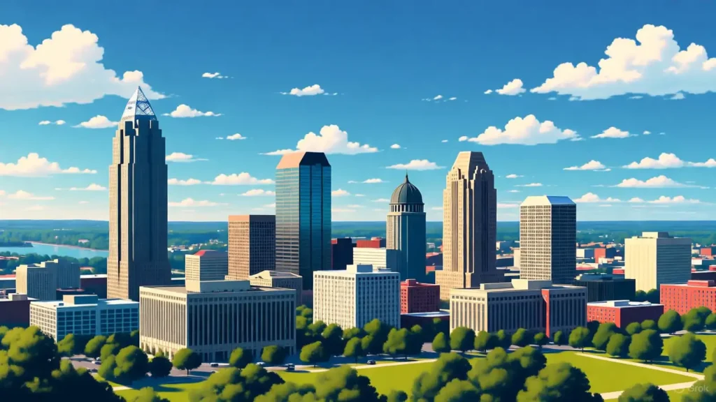 Skyline of Raleigh, North Carolina, on a sunny day with green trees in the foreground.