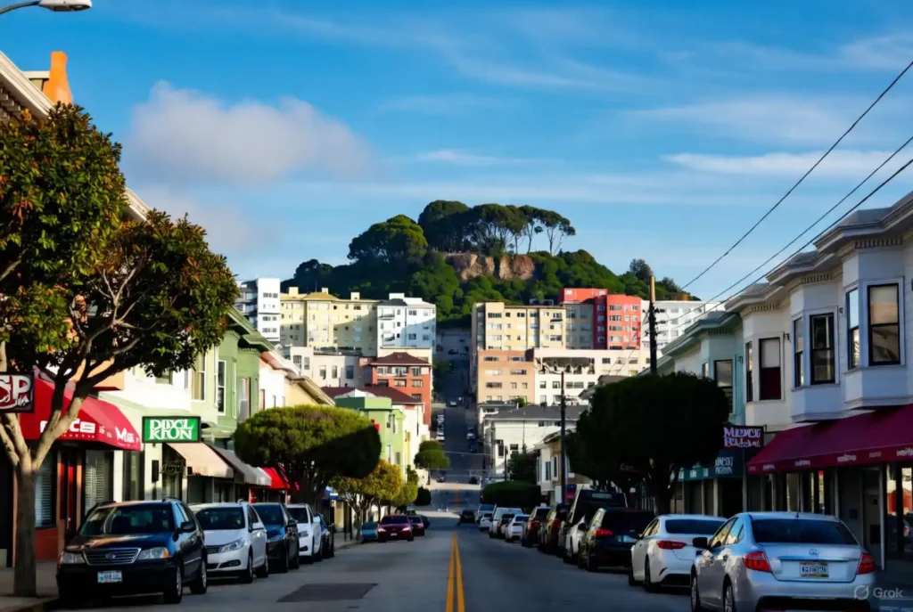 San Francisco street with colorful houses and a hilltop view in the background.