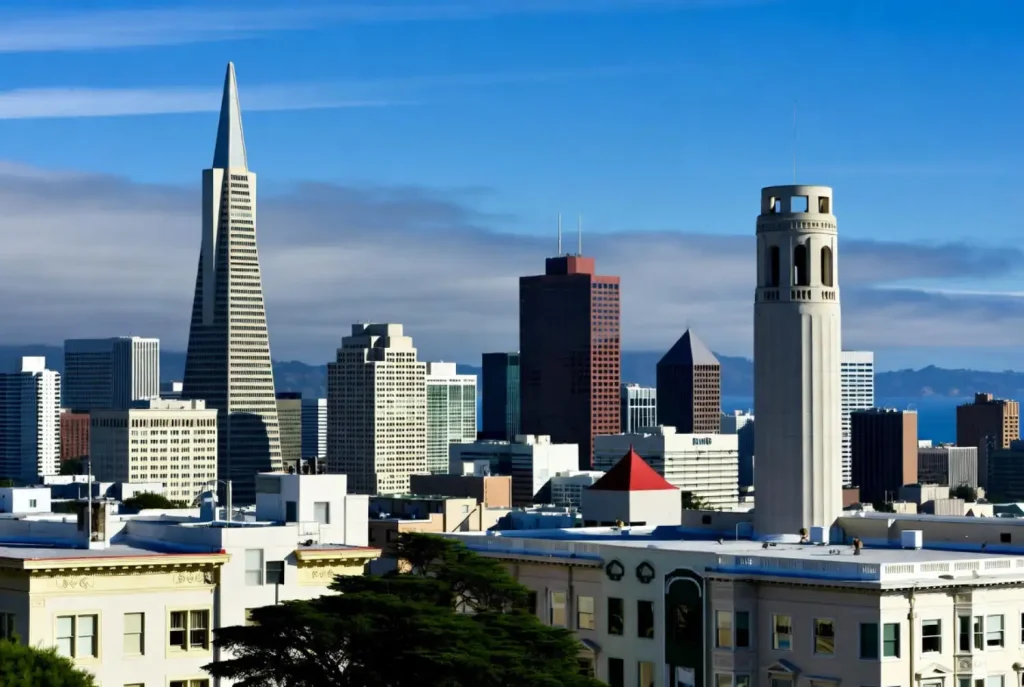San Francisco skyline with the Transamerica Pyramid and Coit Tower under a clear blue sky.