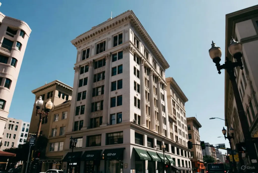 Historic white building in San Francisco with classic architecture and storefronts below.