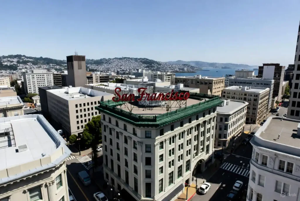 San Francisco cityscape with a historic building and "San Francisco" sign.