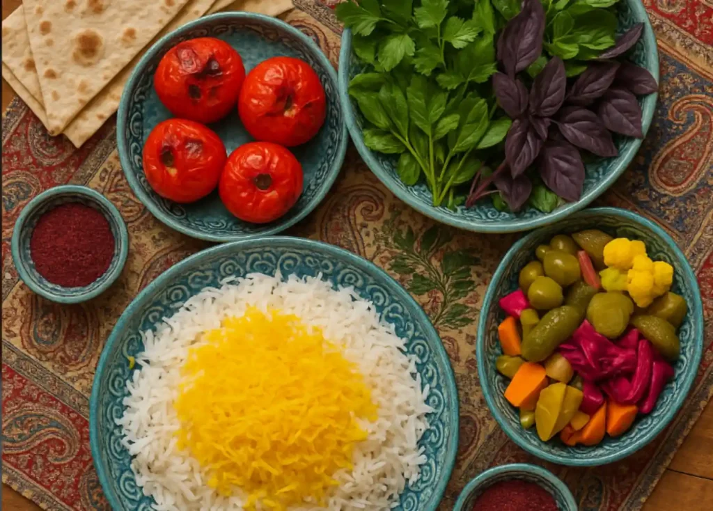 Ingredients for Persian Kabab Koobideh with saffron rice, grilled tomatoes, fresh herbs, pickled vegetables, flatbread, and sumac.