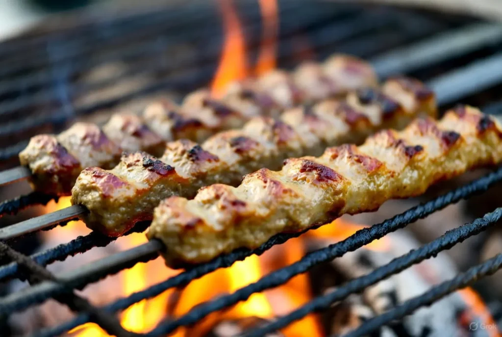 Persian Kabab Koobideh grilling over open flames on skewers.