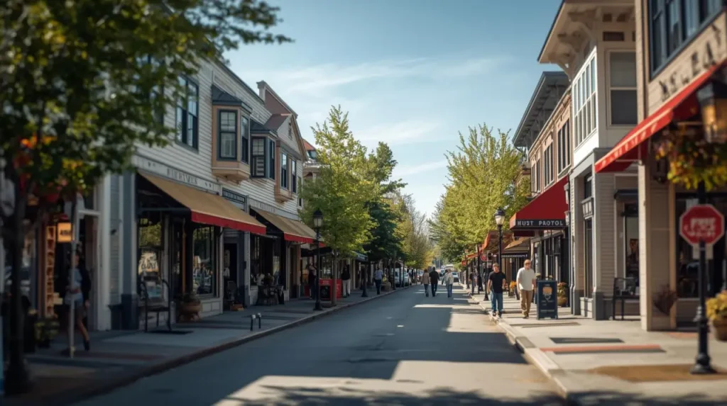 A lively street in Bellevue with shops, cafes, and people walking under sunny skies.