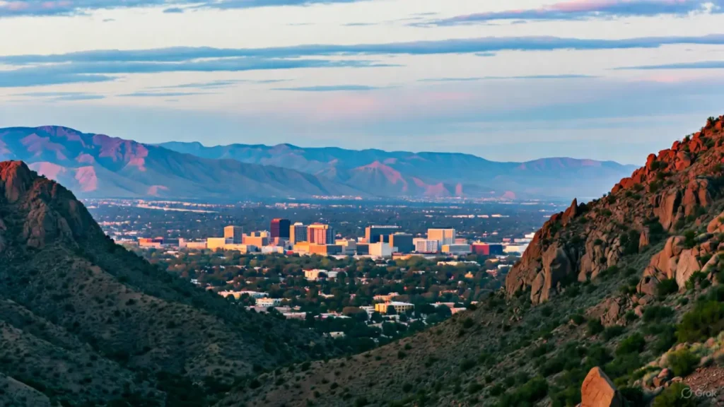 A scenic view of Tucson, Arizona, framed by rocky desert mountains, with a vibrant cityscape and distant mountains under a colorful sky.