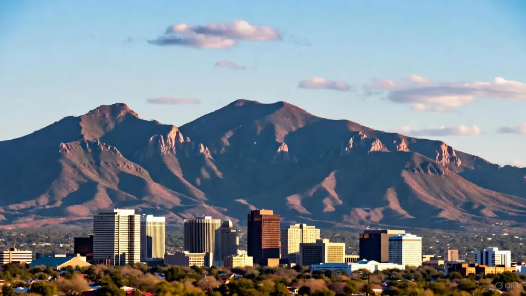 Tucson city skyline with tall buildings, set against the backdrop of rugged desert mountains under a clear blue sky.