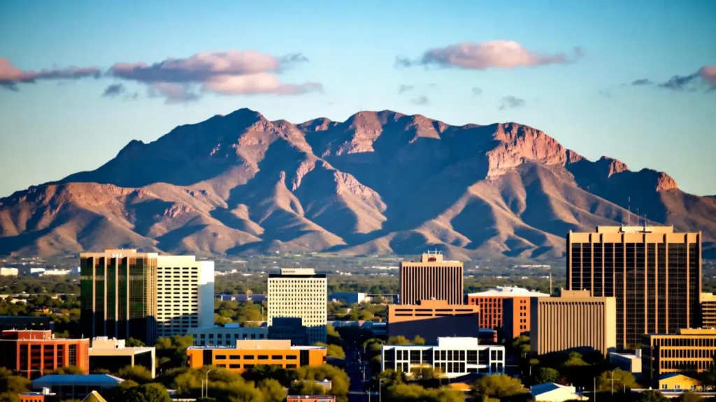 Tucson city skyline with modern buildings, set against the backdrop of rugged desert mountains under a clear blue sky.