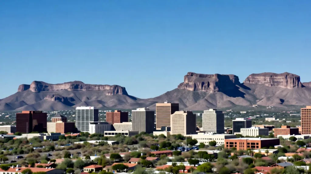 Tucson city skyline with tall buildings and desert mountains in the background under a clear blue sky.