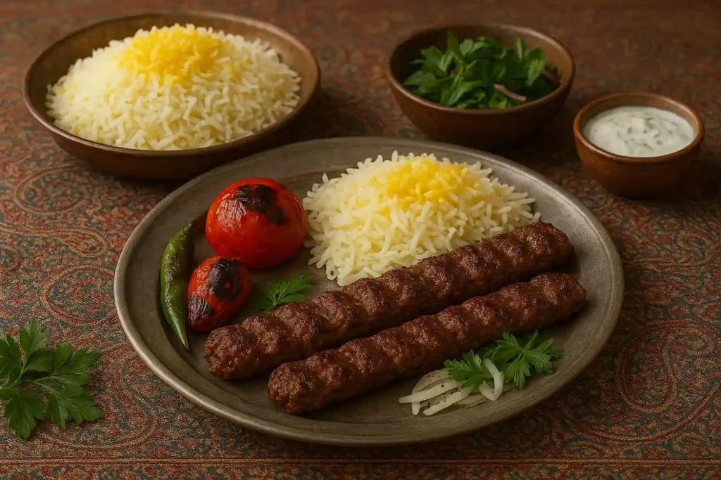 Persian Kabab Koobideh with saffron rice and grilled tomatoes.