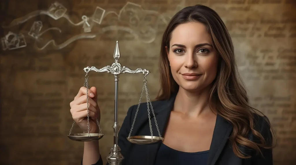 A confident woman holding a pair of silver scales of justice, standing in front of a textured background with legal-themed illustrations.